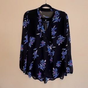 Sheer Black Blouse with choker button neck | long sleeve purple and blue | long